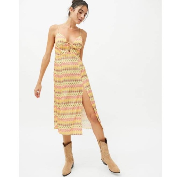 Yellow Printed Mariah Lace-Up Midi Slip Dress | Urban Outfitters | NWT - Picture 2 of 10